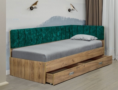 Кровать с продольной мягкой спинкой правая Матрица Софа 15 800х2000 Дуб Крафт золотой Велюр 340