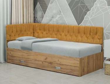 Кровать с продольной мягкой спинкой левая Матрица Софа 16 800х2000 Дуб Крафт серый Велюр 070